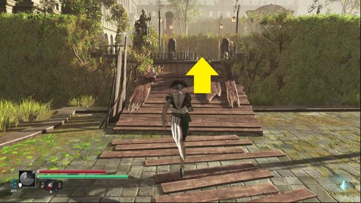 Use the footbridge to jump over the hole in the hedge to the other side of the road - Steelrising: Checkmate - walkthrough - Main missions - Steelrising Guide, Walkthrough