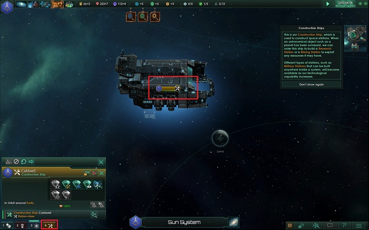 Select the construction ship, using the tab marked in the above screenshot, or find it on the map - How to set foundations for the empire in Stellaris? - A good start in Stellaris - Stellaris Guide