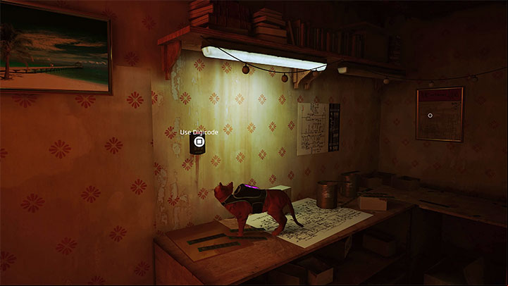 Jump on the tabletop with 4 pictures hanging next to it - Stray: The puzzle with Seamus secret room - The Slums - Puzzles - Stray Guide, Walkthrough