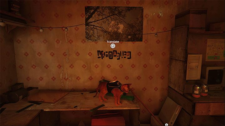 The first picture from the right covers the message that must be translated - Stray: The puzzle with Seamus secret room - The Slums - Puzzles - Stray Guide, Walkthrough