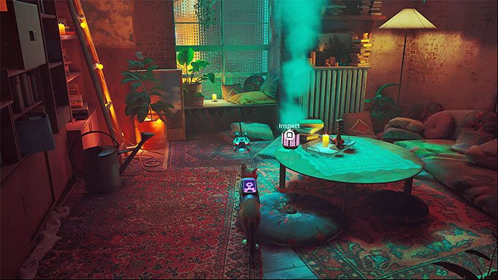 The first clue is a smoking box lying on a low table - Stray: The 4 clue puzzle in Clementines apartment - Midtown - Puzzles - Stray Guide, Walkthrough