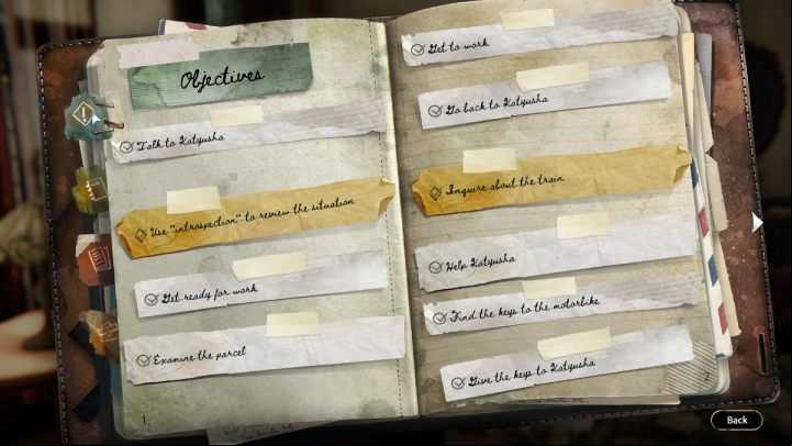 You can find all the main and secondary goals, both ongoing and completed, by clicking on the book icon at the top right of the screen - Syberia The World Before: Secondary objective - Basics - Syberia The World Before - game guide