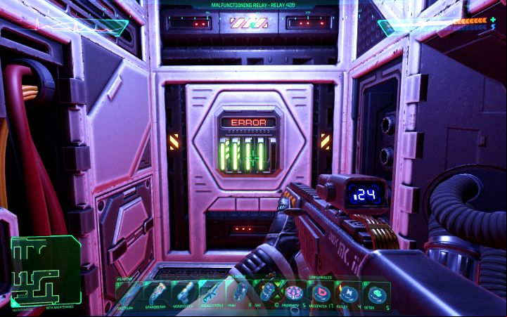 Explore the new areas in Maintenance until you find the damaged relay (Error message) - System Shock Remake: Repairing the Subsystem Relay 428 - puzzle description - Puzzles - System Shock Remake Guide