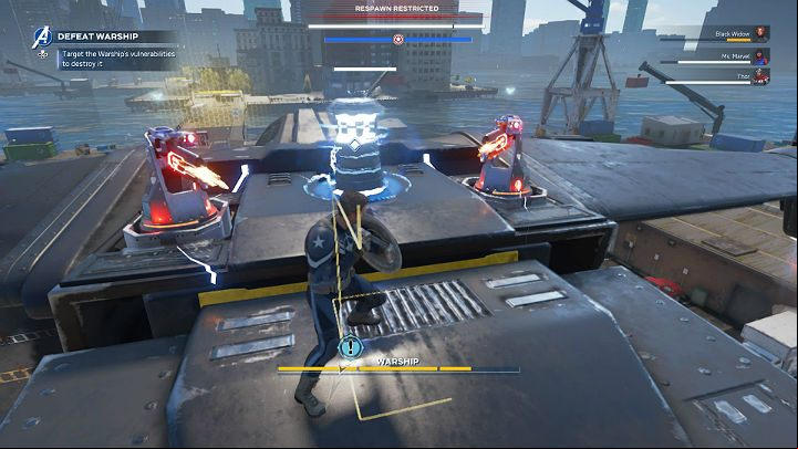 The destruction of the ventilators caused the gun turrets and the force field generator to reappear on top of the ship - Marvels Avengers: Warship boss - how to beat? Walkthrough - Bosses - Marvels Avengers Guide