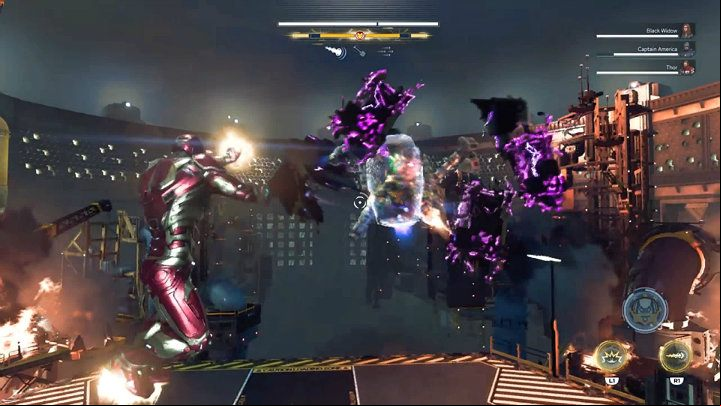 When the first two engines are destroyed, the opponent will get surrounded by an additional shield that can block Tonys missiles - Marvels Avengers: MODOK boss - how to beat? Walkthrough - Bosses - Marvels Avengers Guide