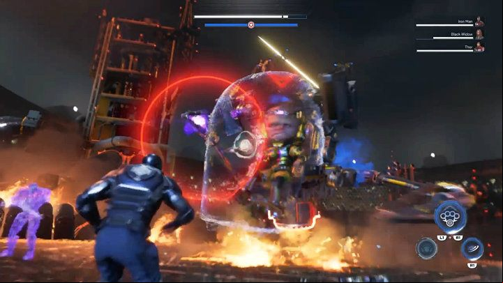 While you are attacking MODOKs engines, you must also constantly avoid the bosss mechanical arms, which have a really long range - Marvels Avengers: MODOK boss - how to beat? Walkthrough - Bosses - Marvels Avengers Guide