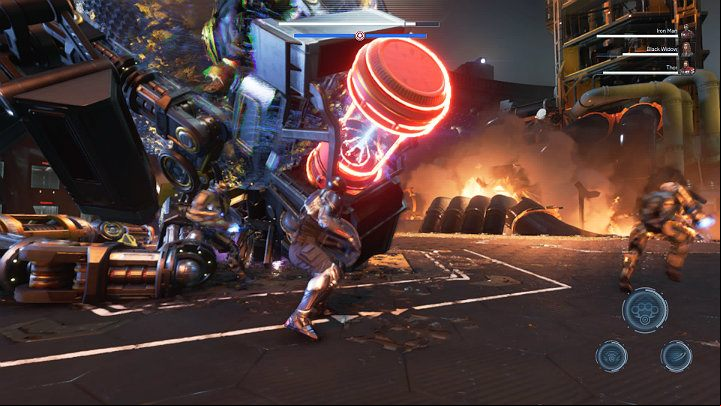 When the engine is destroyed, MODOK falls to the ground - Marvels Avengers: MODOK boss - how to beat? Walkthrough - Bosses - Marvels Avengers Guide