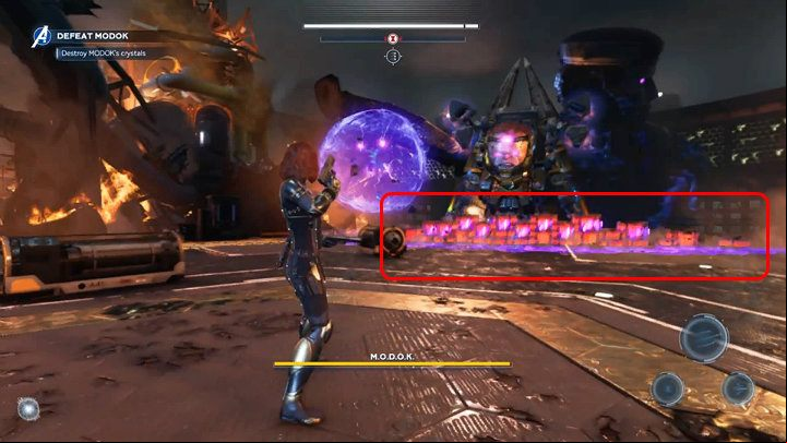 The opponent will send an attack in your direction that looks a bit like a wave - Marvels Avengers: MODOK boss - how to beat? Walkthrough - Bosses - Marvels Avengers Guide