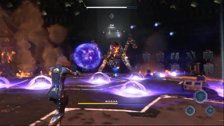 MODOK will also fire energy balls that remain on the ground for quite some time - Marvels Avengers: MODOK boss - how to beat? Walkthrough - Bosses - Marvels Avengers Guide