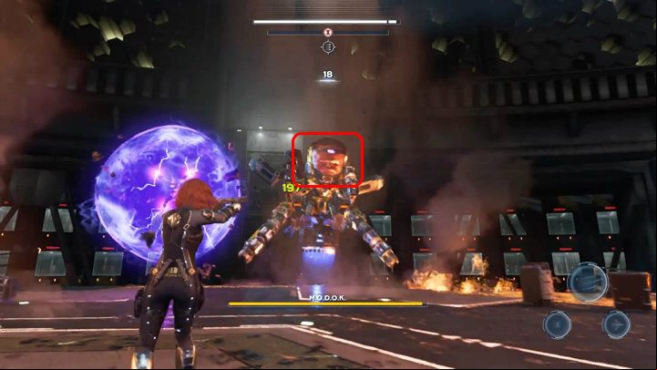 During the fight, you have to aim at the crystal on MODOKs head to damage him - Marvels Avengers: MODOK boss - how to beat? Walkthrough - Bosses - Marvels Avengers Guide