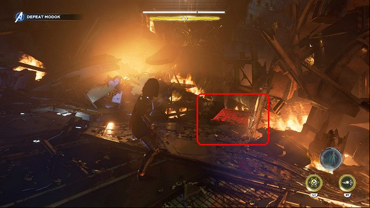 As you run towards Bruce, turn into the age on the left - the correct path is marked with the red element on the ground - Marvels Avengers: MODOK boss - how to beat? Walkthrough - Bosses - Marvels Avengers Guide