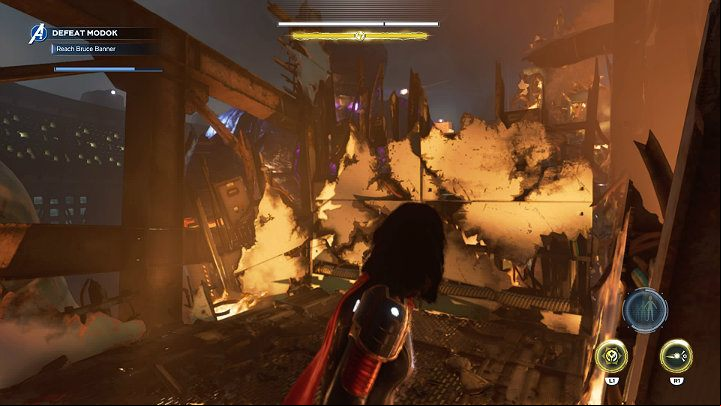 After a short while, youll reach the barrier separating you from your objective - Marvels Avengers: MODOK boss - how to beat? Walkthrough - Bosses - Marvels Avengers Guide