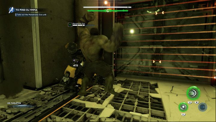 After you enter the lab, there will be a soldier in a large exoskeleton on your way - Marvels Avengers: To find Olympia, walkthrough - Pacific Northwest - Marvels Avengers Guide