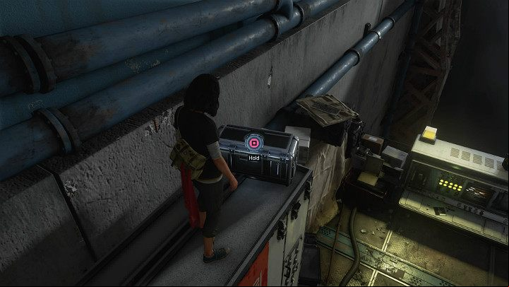 Jump onto another platform, open a chest on a metal cabinet and try to activate a large-sized electronic device that stands below - Marvels Avengers: To find Olympia, walkthrough - Pacific Northwest - Marvels Avengers Guide