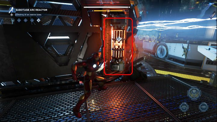 After entering the laboratory, you will have to focus on destroying all four cores of the arc reactor to prevent the destruction of the city - Marvels Avengers: Alone against AIM, walkthrough - Eastern seaboard - Marvels Avengers Guide