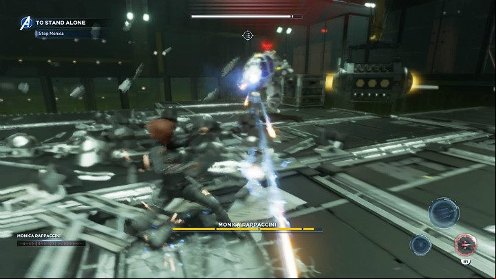 During combat, Monica will use long-range weapon, which was mounted on the right hand of the exoskeleton - Marvels Avengers: Monica Rappaccini boss - how to beat? Walkthrough - Bosses - Marvels Avengers Guide