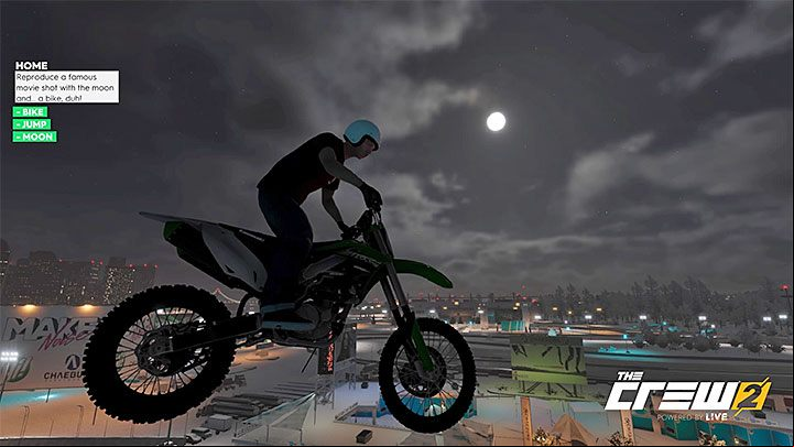 Description: Reproduce a famous movie shot with the moon and - Album - Freestyle in The Crew 2 - Photo Ops - The Crew 2 Game Guide