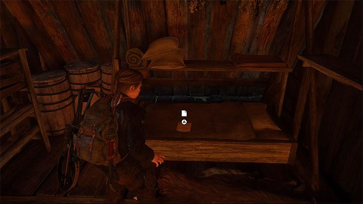 The document lies on the bed in the cabin - The Last of Us 2: The Island - collectibles, artefacts, coins - Seattle Day 3 - Abby - The Last of Us 2 Guide