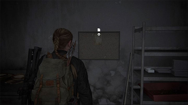 Find the notice board with a note on the same floor - The Last of Us 2: Safe combinations - Seattle, Day 2 Abby - Safes - The Last of Us 2 Guide