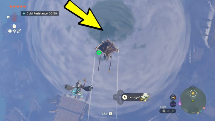 Lastly, jump on trampolines on moving ships and then jump into the cloud - Zelda TotK: Tulin of Rito Village - Walkthrough - Zelda Tears of the Kingdom Guide