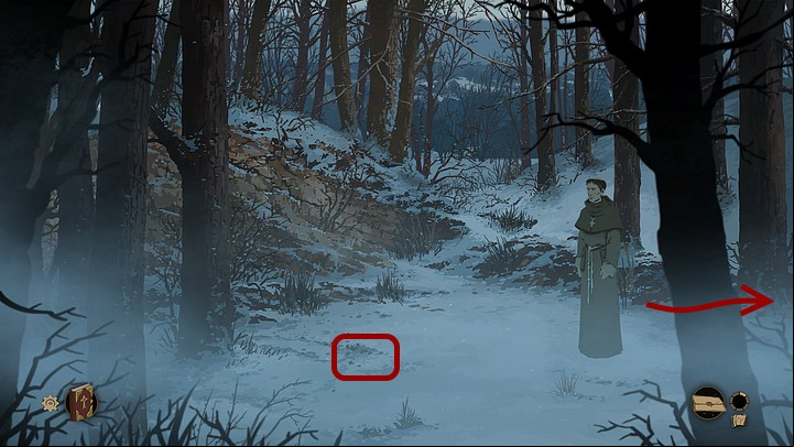 Next, take the path between the trees that goes to the left of the toll hut and go to the clearing, where you have to pick up beechnuts lying in the snow (in the middle of the screen; necessary to get an achievement) - Chapter One - Philip - Book One: From the Ashes - The Pillars of the Earth Game Guide