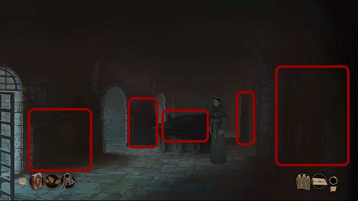 Check the dark area next to the wall between the entrance and the arcade and the other one between two arcades to the left - Chapter One - Philip - Book One: From the Ashes - The Pillars of the Earth Game Guide