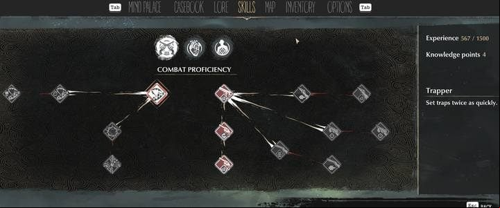 Please note that there are three independent branches of development in the skills tab. - Combat in The Sinking City - Basics - The Sinking City Guide