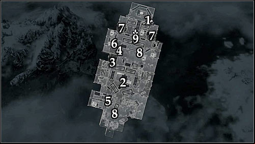 Markings on the map: 1 - Start place; 2 - Kitchen; 3 - Stairs; 4 - Closed door (expert or key); 5 - Captain Avidiuss cabin; 6 - Lieutenant Salvaruss cabin; 7 - Stairs; 8 - ages to upper deck; 9 - Emperors closed cabin (master or key) - Hail Sithis! - p. 1 - The Dark Brotherhood quests - The Elder Scrolls V: Skyrim Game Guide