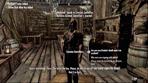 The first part of the mission is fairly easy - you just have to ask the man of all the details regarding the mine and its former owner - The Final Descent | Side missions - Raven Rock - Side missions - Raven Rock - The Elder Scrolls V: Skyrim - Dragonborn Game Guide