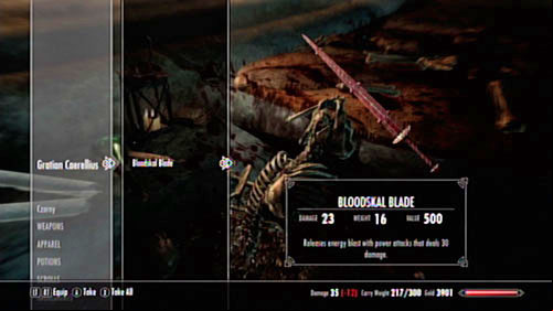 Gratians Journal contains a hint - the magical sword (Bloodskal Blade) which you found by the remains seems to have peculiar properties - The Final Descent | Side missions - Raven Rock - Side missions - Raven Rock - The Elder Scrolls V: Skyrim - Dragonborn Game Guide