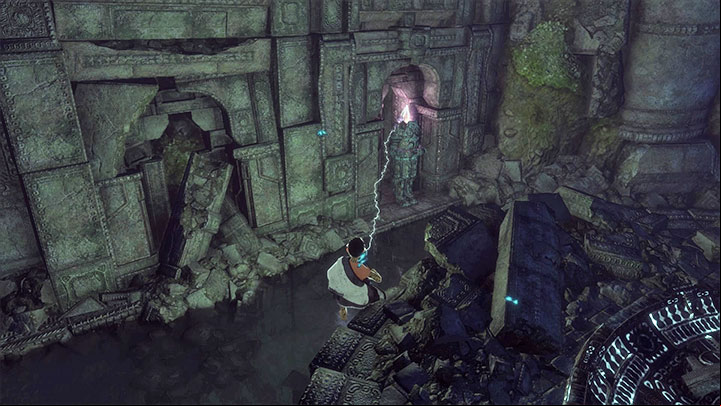 With the helmet, approach the inactive suit of armor - Roll over the cage and leave the ruins with Trico | Walkthrough - Walkthrough - The Last Guardian Game Guide