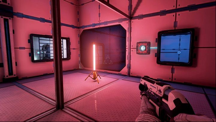 Run into the red room shown in the screenshot above and take the beam behind the window - Chapter 2 | Walkthrough - Walkthrough - The Turing Test Game Guide