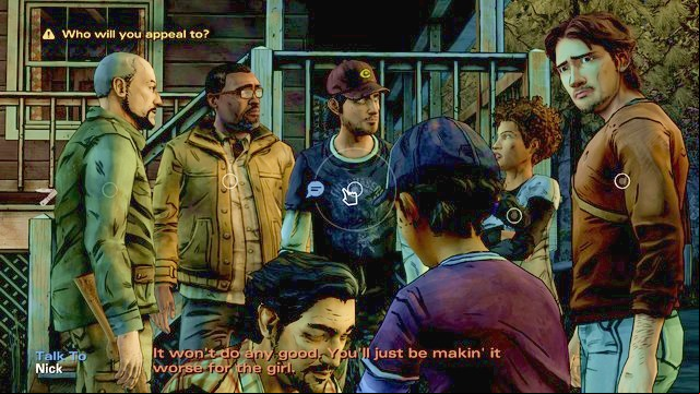 The newly-acquainted group - Chapter 7 - New Faces | Episode 1: All That Remains - Episode 1: All That Remains - The Walking Dead: Season Two Game Guide