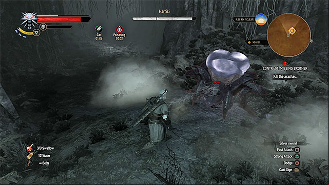 The spider can poison Geralt so observe your health - The Witcher 3 Wild Hunt: Witcher contracts, Inn by the Crossroads - walkthrough - Inn by the Crossroads - The Witcher 3 Wild Hunt Guide