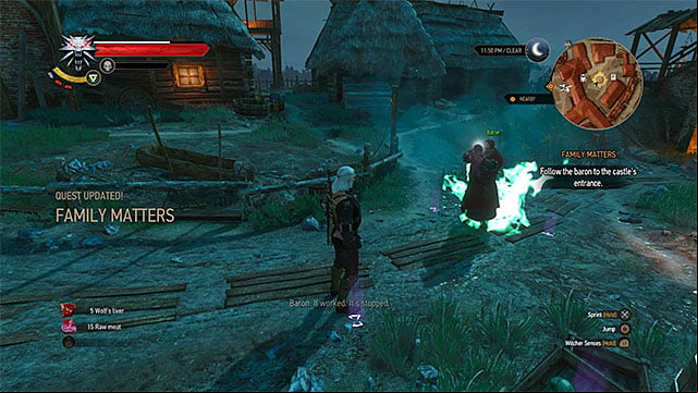 Axii sign will allow you to calm the botchling dragged by the baron - The Witcher 3 Wild Hunt: Family Matters - walkthrough - Crows Perch - The Witcher 3 Wild Hunt Guide