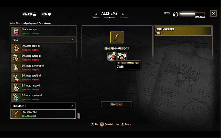 Open alchemy window after gathering all ingredients and find the bait which should be located at the bottom of the list (as shown on above picture) - Contract: The Tufo Monster - shaelmaar contract - Witcher contracts and Treasure hunts quests - The Witcher 3: Blood and Wine Game Guide