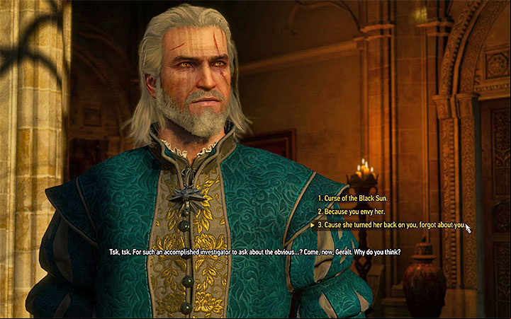 Select third dialogue option and then the second one in order to convince Syanna to reconcile with her sister - Pomp and Strange Circumstance - Main quests - The Witcher 3: Blood and Wine Game Guide