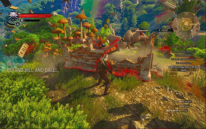 Use Aard sign on the house of the pigs and take the beam from it after winning the battle - Beyond Hill and Dale... - quest about finding Syanna - Main quests - The Witcher 3: Blood and Wine Game Guide