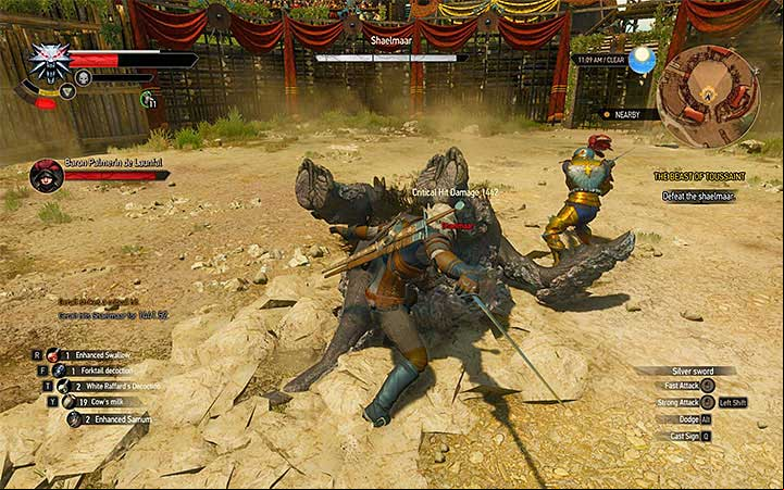 The best way to defeat the shaelmaar is to position yourself at the edge of the arena and wait for the opponent to start rolling towards you - The Beast of Toussaint - Main quests - The Witcher 3: Blood and Wine Game Guide