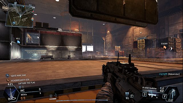 Regardless of many confined spaces, the fights that occur in the hangars are usually fought over a long distance because of the size of these rooms - Overlook - Maps - Titanfall - Game Guide and Walkthrough