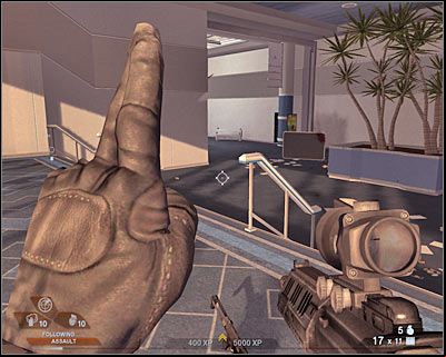 A new group of enemy soldiers will be waiting for you just around the corner, so you should consider taking cover behind the left wall (screen) - Scene 3 - North Hall - part 1 - Act 4 - Convention Center - Tom Clancys Rainbow Six: Vegas 2 - Game Guide and Walkthrough