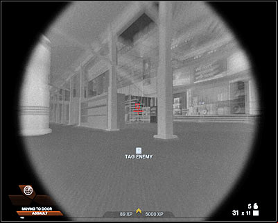 Make sure that you're crouching here, so you won't be seen by any of the terrorists - Scene 2 - Exhibition Hall - part 4 - Act 4 - Convention Center - Tom Clancys Rainbow Six: Vegas 2 - Game Guide and Walkthrough