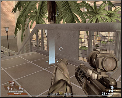 First of all, clear out the ground floor and prevent enemy soldiers from getting too close to the stairs - Scene 2 - Arena - part 1 - Act 3 - Recreation Center - Tom Clancys Rainbow Six: Vegas 2 - Game Guide and Walkthrough