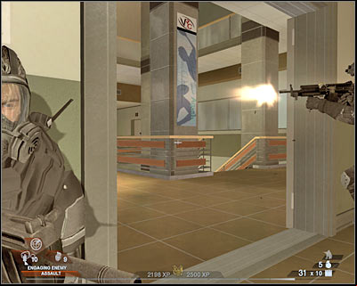 I would recommend staying on the first floor, because that'll make your life a lot easier - Scene 1 - Gymnasium - part 2 - Act 3 - Recreation Center - Tom Clancys Rainbow Six: Vegas 2 - Game Guide and Walkthrough