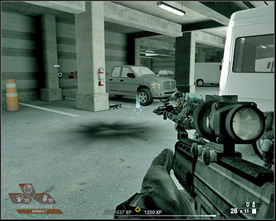You will have to try and take out a few enemy units from here (screen) - Scene 3 - Garage - part 1 - Act 2 - Old Vegas - Tom Clancys Rainbow Six: Vegas 2 - Game Guide and Walkthrough