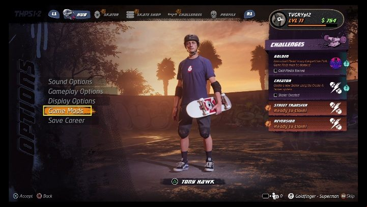 To activate the modifications, you have to go into the settings - Tony Hawks Pro Skater 1+2: Modifications - Basics - Tony Hawks Pro Skater 1+2 Guide