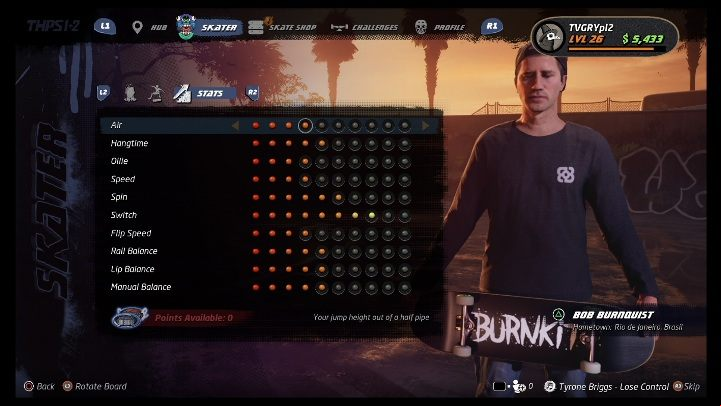 Basic skills can be developed with the points - Tony Hawks Pro Skater 1+2: Bob Burnquist guide, skills - Original skaters - Tony Hawks Pro Skater 1+2 Guide