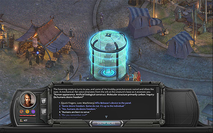 You can talk to the caged being once the timeline changes and Circus Minor will be covered by the night - Beleazar and the Beast - side quest walkthrough | Circus Minor - Sagus Cliffs: Circus Minor - Torment: Tides of Numenera Game Guide
