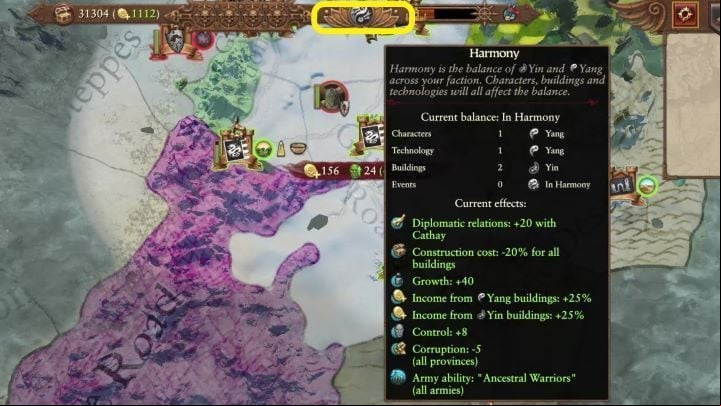 You can check your Harmony on the top of the screen, in the middle - Total War Warhammer 3: Grand Cathay - Unique mechanics - Grand Cathay - Total War Warhammer 3 Guide