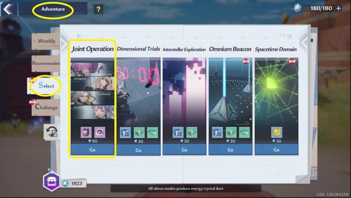 To start the t Operation, you must first enter the Adventure menu (upper-right corner), then the Select tab - Tower of Fantasy: t Operation - Adventure - Tower of Fantasy Guide